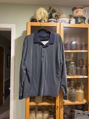 Vintage Structure 90s Men's Blue Plaid Checkered Long Sleeve Cotton Polo Shirt L